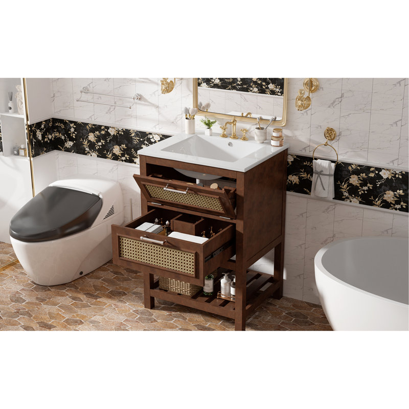 Meuble-lavabo de 24 po avec lavabo attaché, conception compacte et élégante, un tiroir profond pour le rangement, poignées en fer de haute qualité, montage facile pour adultes, 4 robinets, aspect contemporain brun foncé