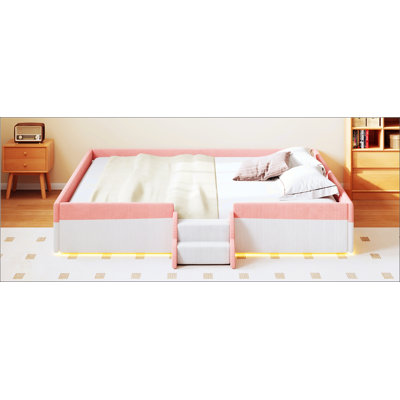 King Size Upholstered Floor Bed with Fence, 2-Tier Steps and Smart LED Lights, Pink+White