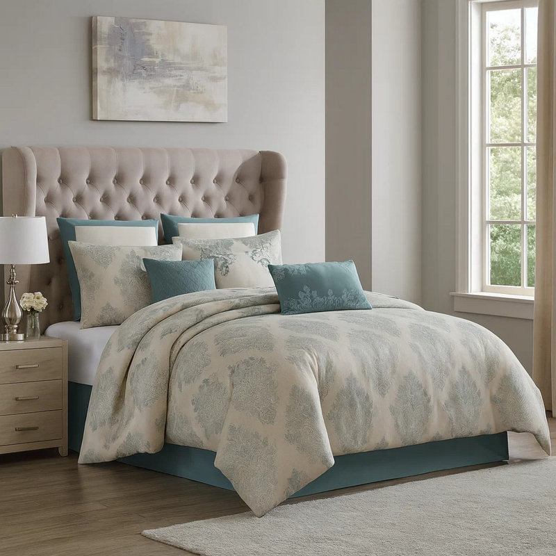 Regy, médaillon bleu gris, Édredon très grand + 5 taies décoratives très 