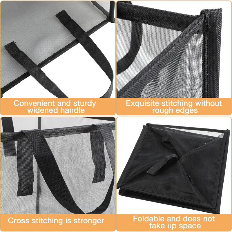 Lot de 6 paniers à linge pliables en maille simple couche, noirs, carrés de 33 cm avec poignées, transparents et portables, gain de place pour la buanderie d'une chambre d'étudiant ou d'une salle de bain.