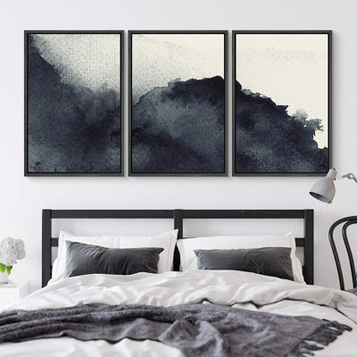 «Triptych Faded Gradient Zen Ink Dots Abstract», reproduction d'art sur toile encadrée 3 pièces