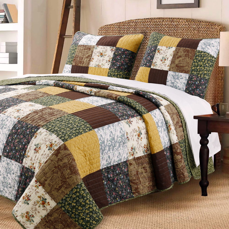 Ensemble de courtepointe réversible 3 pièces en coton jaune / olive / brun Patchwork