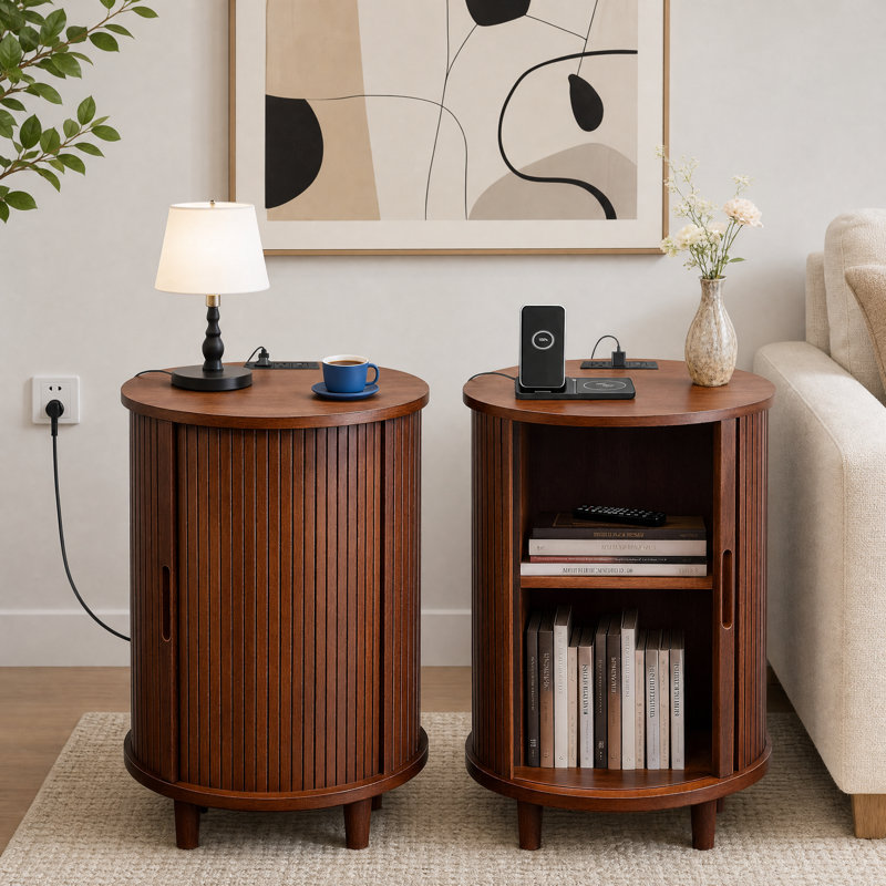 Table de bout cannelée ronde de 23,6 po avec station de charge et rangement pour porte coulissante, Walnut, 1