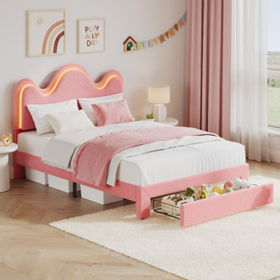 Cadre de lit rose simple / double / grand pour enfants avec lumières DEL et tiroir sous le lit, lit plateforme tapissier avec lattes en bois, aucun sommier nécessaire