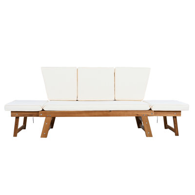 Outdoor Adjustable Patio Wooden Daybed Sofa Chaise Lounge With Cushions For Small Places, Natural Finish+beige Cushion