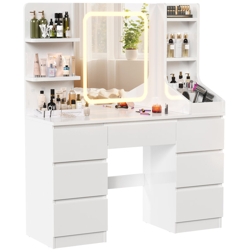 LED Dressing table 7 Drawers and 7 Storage Shelves Dressing Table With Mirror Large Desktop Makeup Desk, White