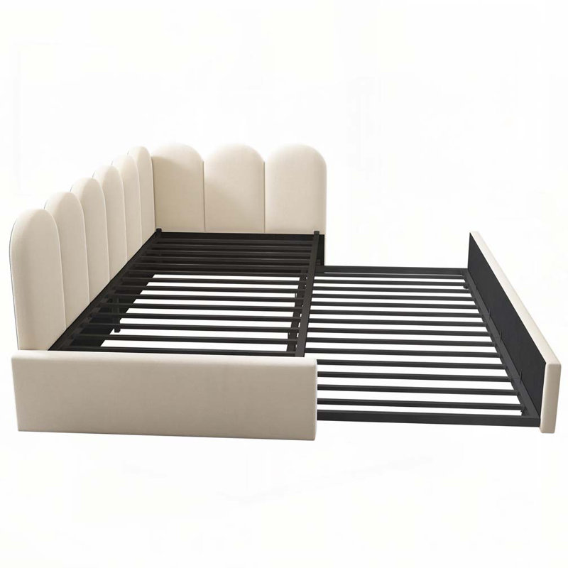 Velvet Upholstered Bed Daybed With Pull-Out Bed, Beige