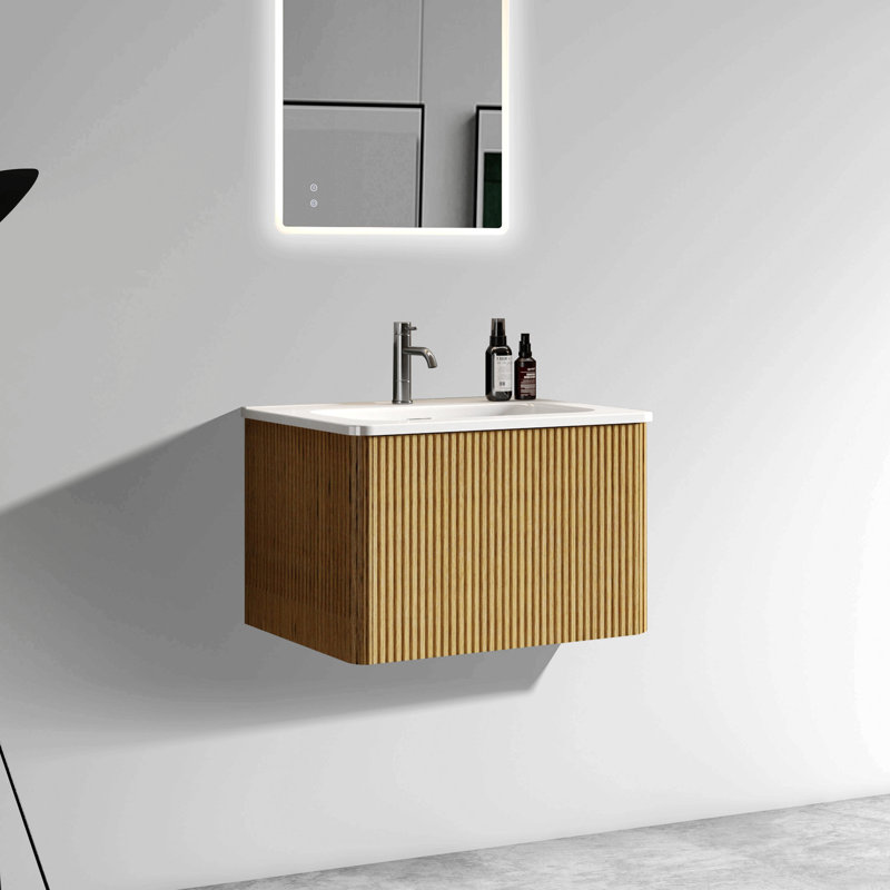 Meuble-lavabo 24 po, avec lavabo en céramique, deux portes d'armoire avec poignée en métal, bois massif, sans les robinets,
