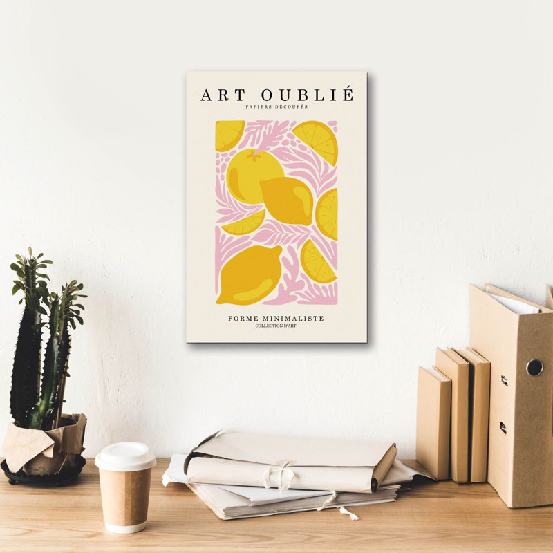 «Pink Leaves And Lemons» par Design Fabrikken, art mural sur toile, H 18 po x l 12 po x P 0,75 po