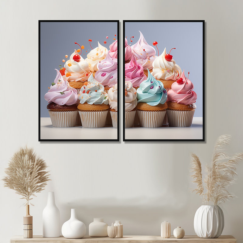 Popart Cupcakes Delight - impressions sur toile traditionnelles, Black, 36" H x 48" W, Impression encadrée flottante
