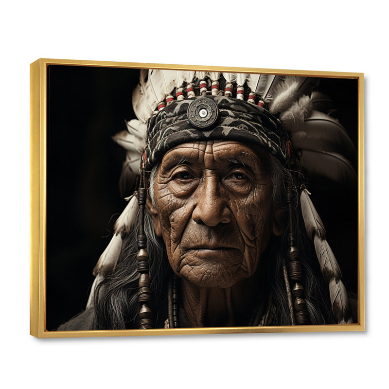 " Native Art Wisdom Of Ancestors Portrait ", H 34 po x l 44 po x P 1,5 po, Cadre flottant doré