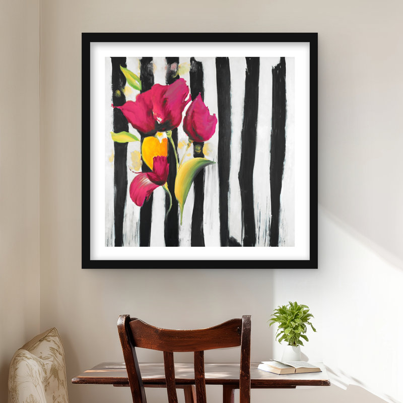 Fleurs roses sur rayures noires | Impression encadrée avec passe-partout