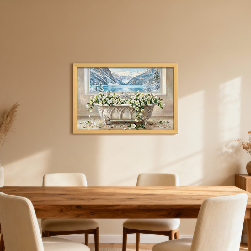 Baignoire de salle de bain, fleurs, montagnes, paysage de neige, 16" H x 24" W, Grain de bois clair, Cadre photo unique