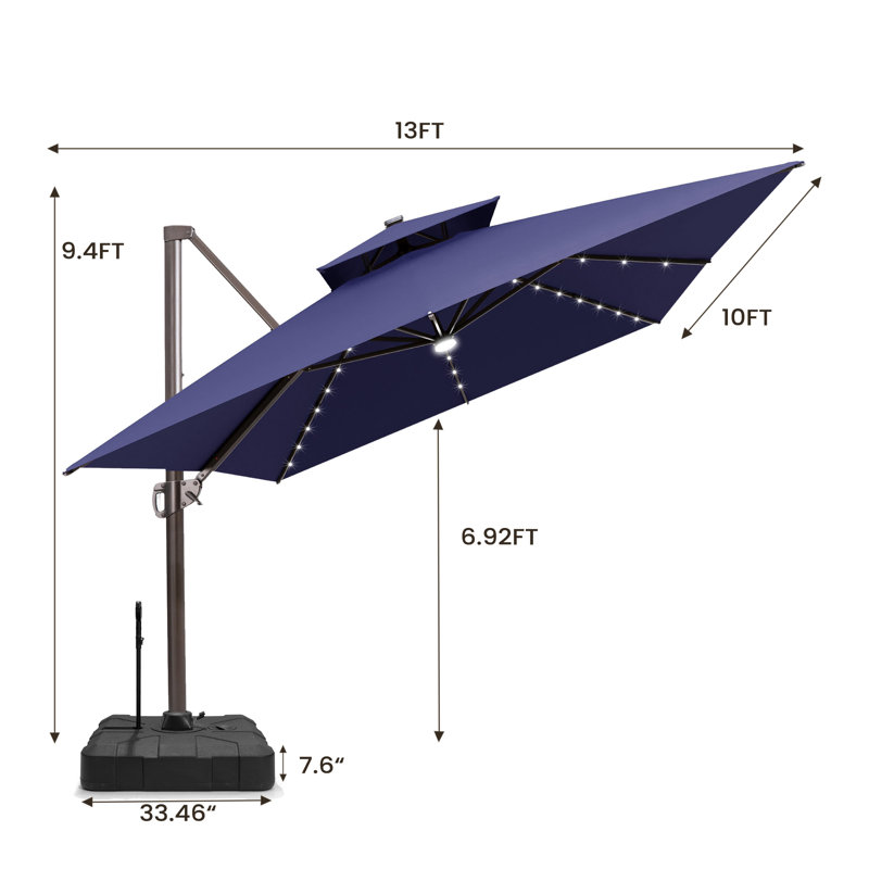 154'' X 116'' Mobile Patio Solar Led Light Cantilever Umbrella with Wheel Base, Navy