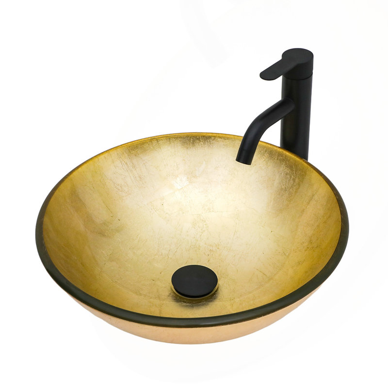 Lavabo de salle de bain en verre trempé avec robinet noir et bonde escamotable, vasque ronde en verre trempé texturé feuille d'or