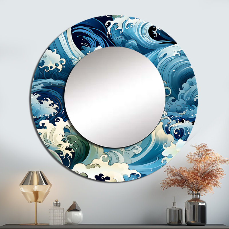 Rishu Water Elements - miroir mural unique vague japonaise, miroir côtier, reproduction d'art en métal, 36 po x 36 po, Rond
