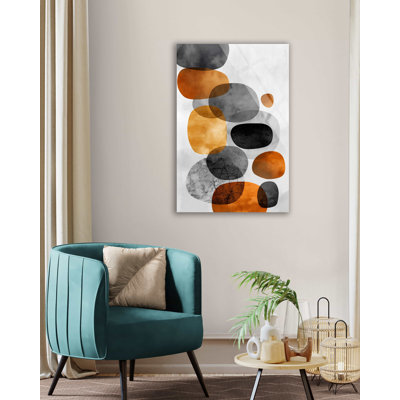 Art mural en verre trempé - Boho abstrait Mid-Century moderne, pierres de galets gris anthracite terre cuite, grand imprimé vertical minimaliste pour le salon