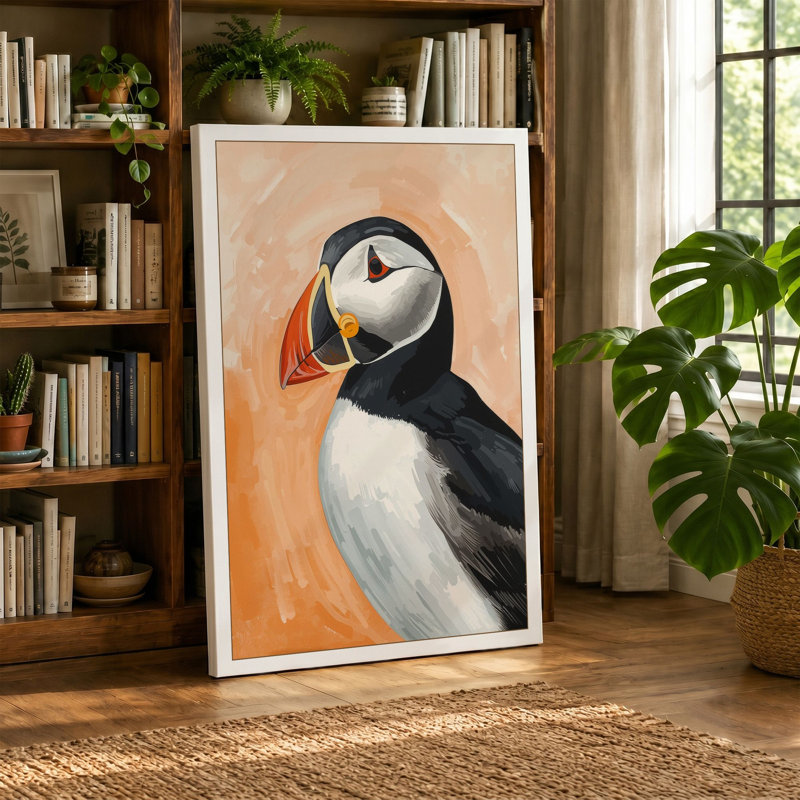 Puffin Portrait Boho - Wrapped Canvas, 24x16 - 61.0 x 40.6 cm, Taupe Border