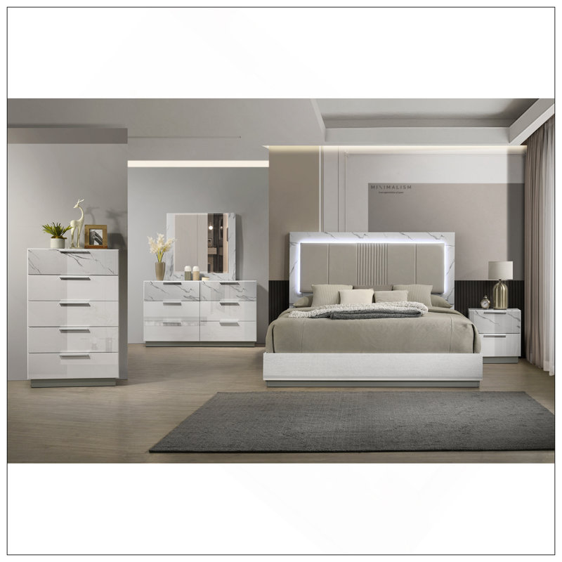 Commode Mist White - Finition bicolore très brillante en marbre et en laque avec cinq tiroirs à glissement lisse, tiroir supérieur doublé de velours Identique à B009P309329 (CA)