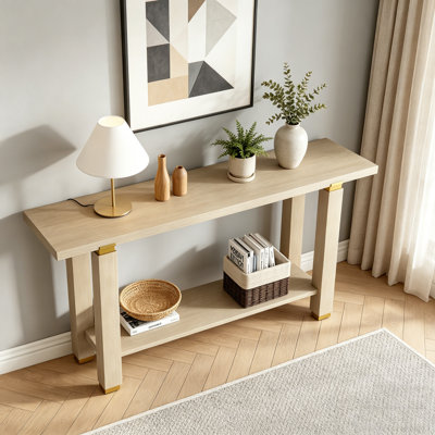 Console 62,9 pouces en bois massif minimaliste avec détails en métal et tablette