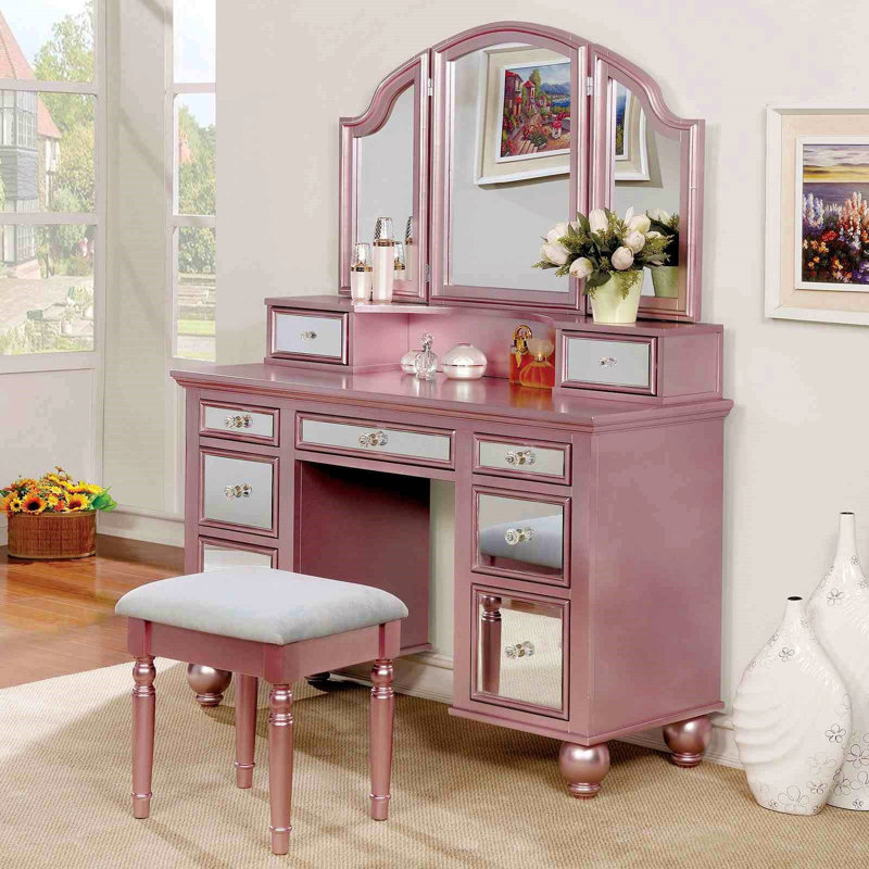 Transitional Style 1Pc Vanity W/ Stool Set Knob Handles Storage Drawers 3-Sidded Mirror Bedroom Furniture, Rose Gold