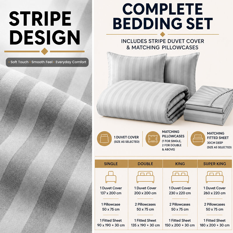 Striped Microfiber Complete Bedding Set | Duvet Cover, Deep Fitted Sheet & Matching Pillowcases, Silver Striped