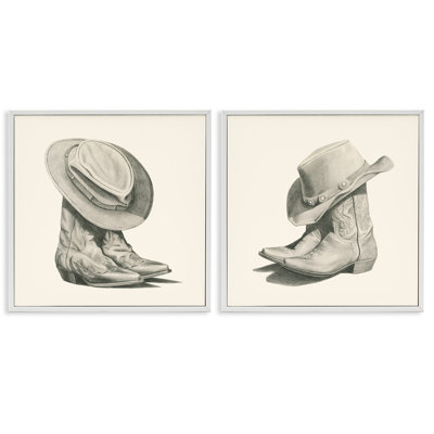 Rustic Cowboy bottes, ensemble de 2 estampes blanches encadrées par Grace Popp