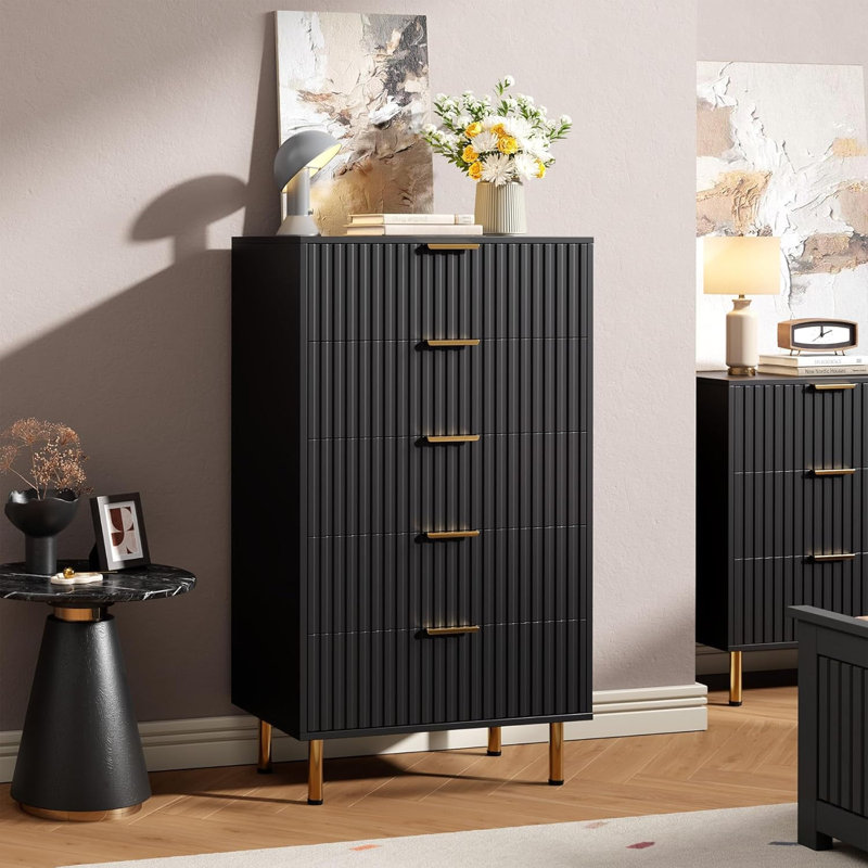 Fluted 5-Drawer Tall Dresser, Modern Wooden Storage Chest with Deep Drawers & Wide Top, Bedroom Organizer for Living Room, Hallway, Kids’ Room