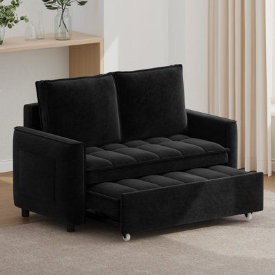 Chenille Convertible Sleeper Sofa Bed Loveseat With Pull Out Bed Adjustable Backrest And Side Pockets