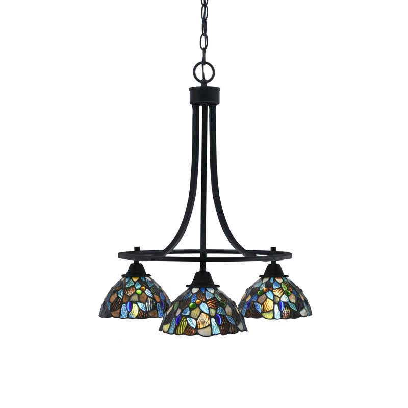 Paramount 3 Light Downlight Chandelier Shown In Matte Black Finish With 7" Blue Mosaic Art Glass