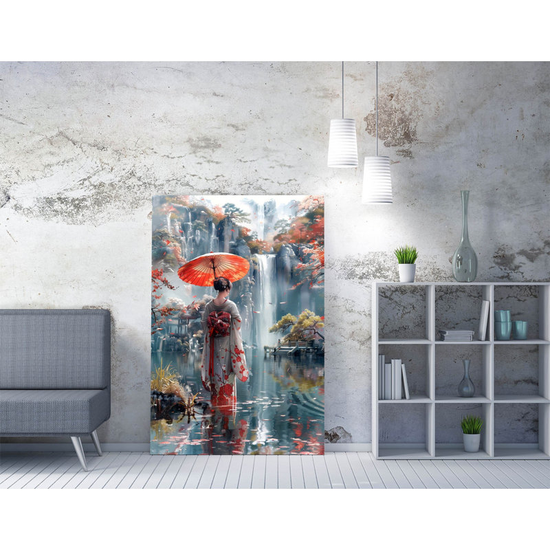 Beautiful Geisha Standing by a Waterfall Canvas Wall Art Print Picture, 60.96 cm H x 40.64 cm W