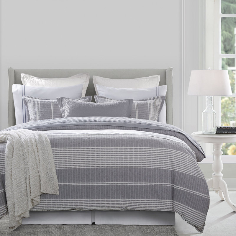 Lane Gray White Stripe Seersucker Pattern Classic Chic Casual Duvet Cover Set, King Duvet Cover + 2 King Shams