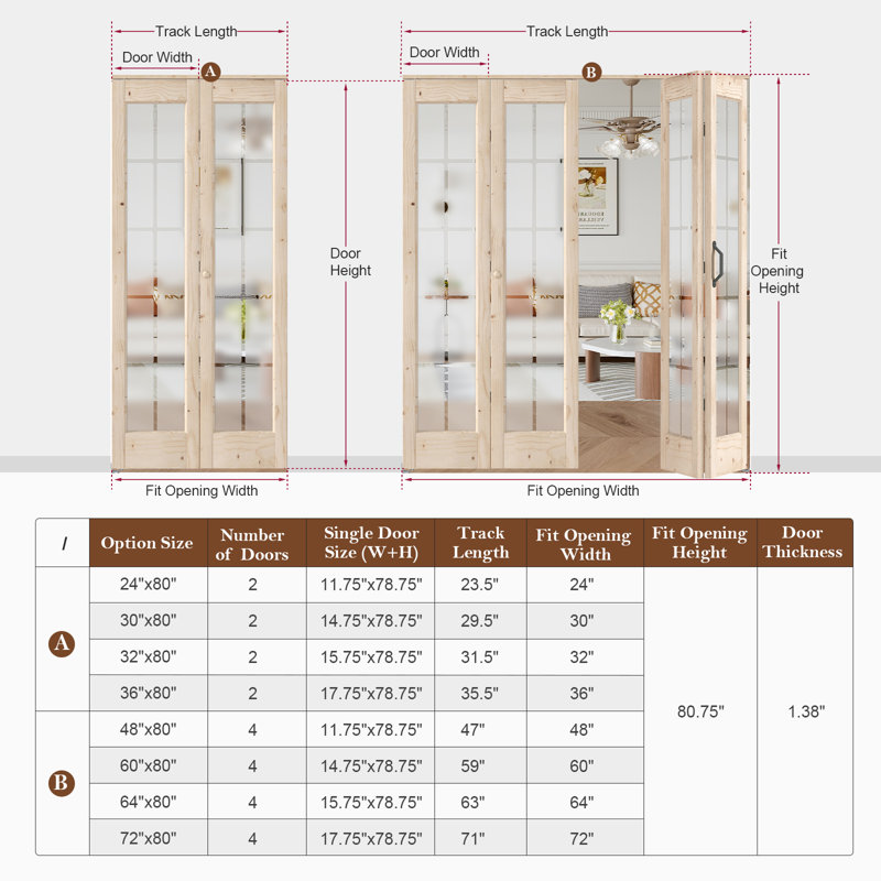 Porte pliante en bois massif non fini avec trousse de quincaillerie d'installation, 24 po x 80 po