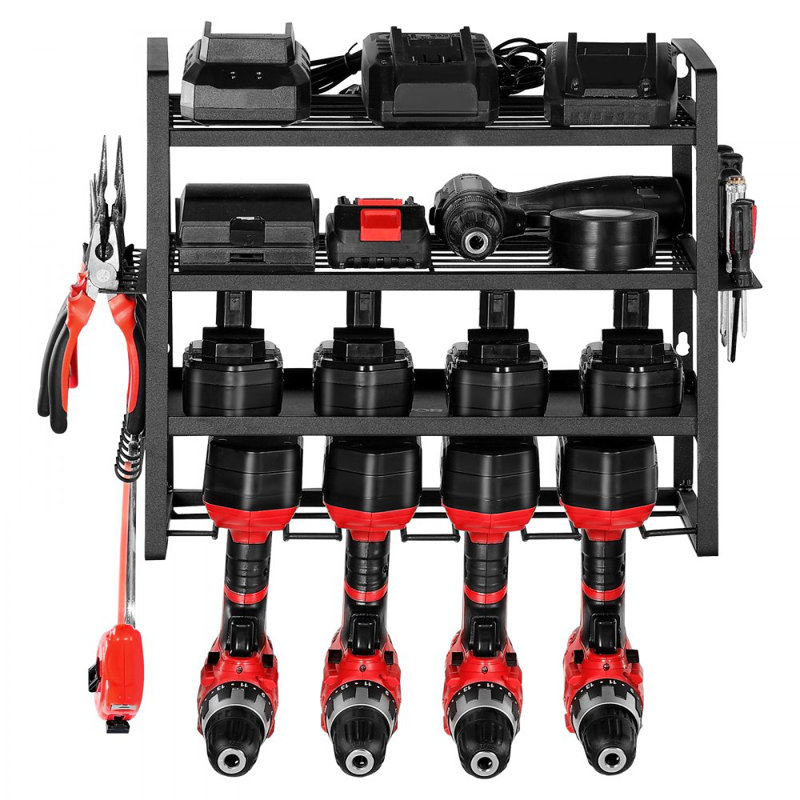 Support mural pour outils électriques, support de rangement à 4 couches avec 4 supports de perceuse, support à outils et support de rangement avec tournevis, organisateur pour outils de garage, établi et atelier