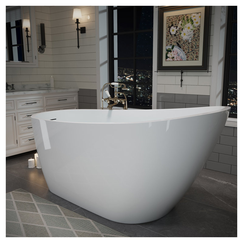 60" Freestanding Acrylic Bathtub with Pop-Up Drain and Integrated Overflow, Glossy White Finish, Brushed Gold Drain Cover