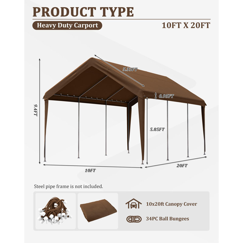 Carport Canopy Replacement Cover With Ball Bungees (Frame Is Not Included), Chocolate, 112.8" H x 120" W x 240" D