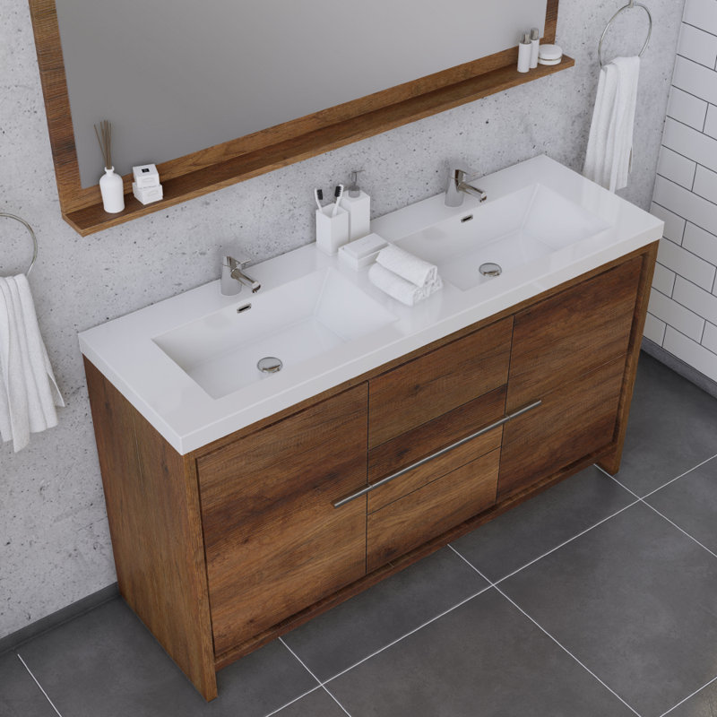 Feike 60'' Double Bathroom Vanity with Solid Surface Top, Brown