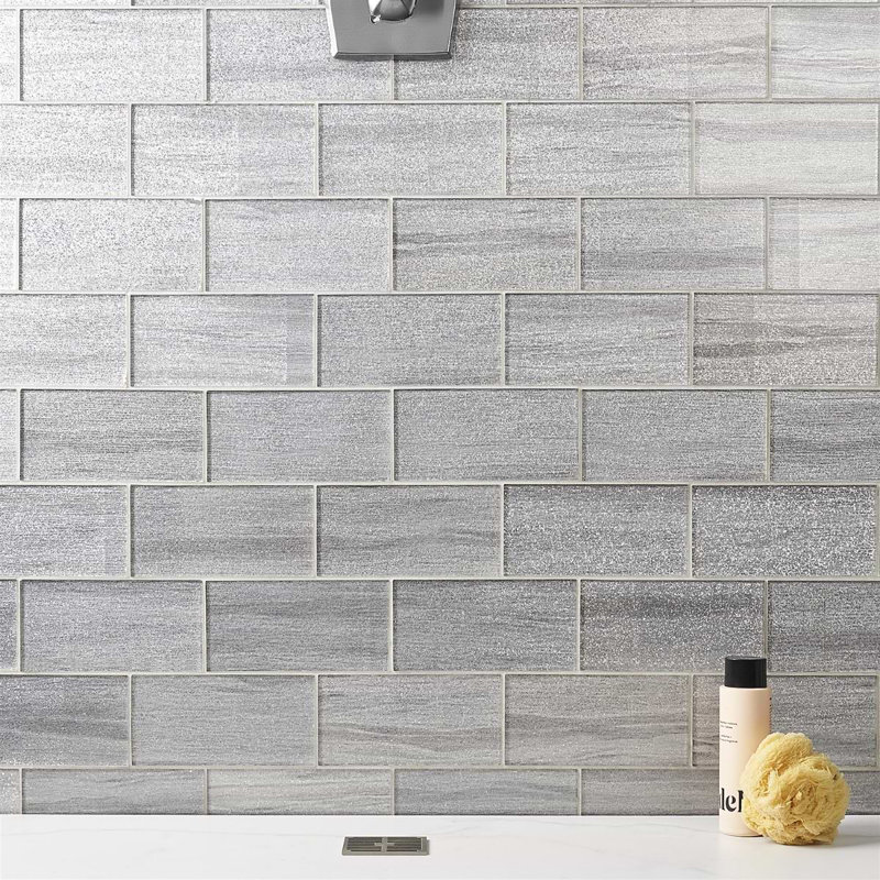 Veda 4x9 Polished Glass Subway Tile, Silver