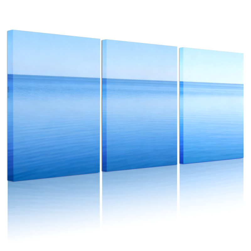Ensemble de 3 tableaux muraux sur toile bleue dégradée représentant un horizon océanique, H 36 po x l 72 po