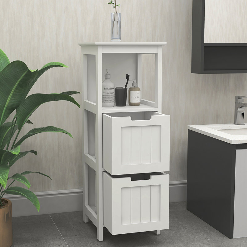 Armoire de rangement pour salle de bain avec 2 tiroirs et 1 tablette de rangement, armoire de rangement autoportante en bois - blanc