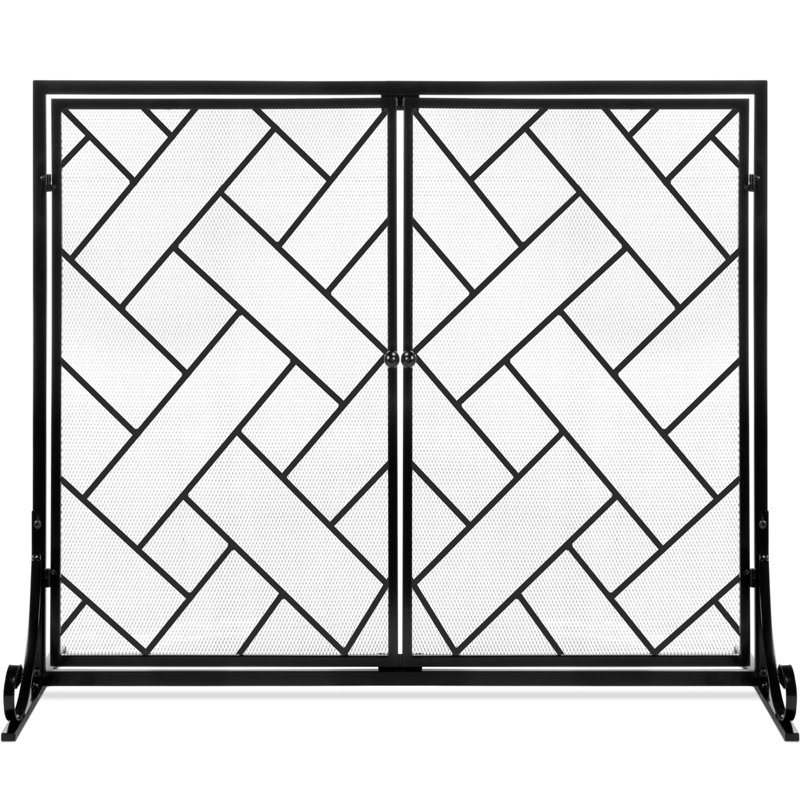Pare-étincelles en fer forgé à la main 2 panneaux 44 x 33 po Amol avec portes magnétiques, Noir