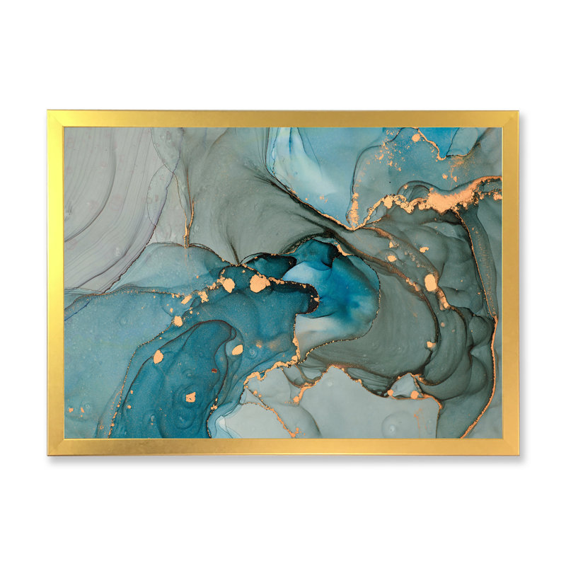 Turquoise doré infusé de marbre - reproduction sur toile, H 24 po x l 32 po, Impression encadrée, Doré