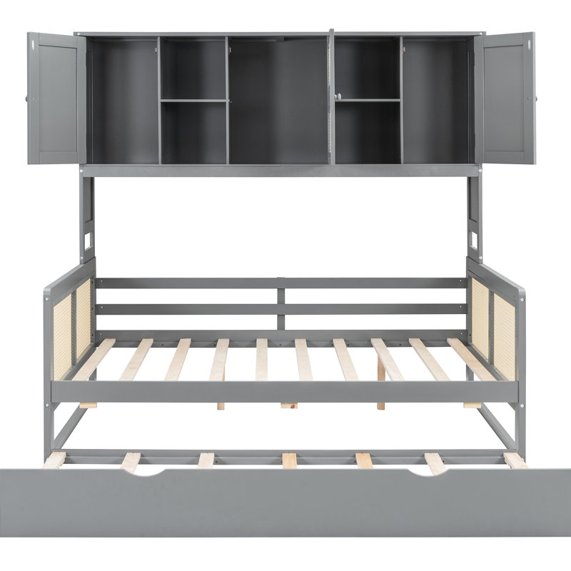 Lit de jour gris avec lit gigogne simple, tablette d'armoire, construction solide en bois pleine grandeur et tablette, construction élégante