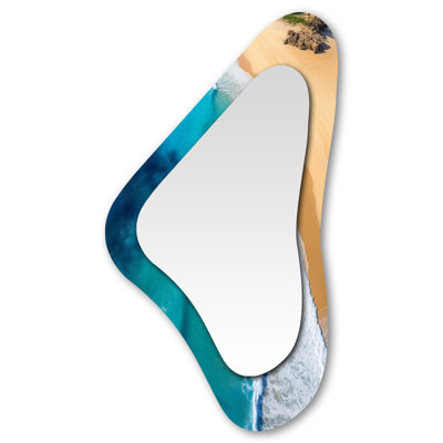 Blue waves aerial Beach Escape III - Beach Asymmetrical Decorative Mirror, Beige Unique Shape Wall Mirror, Printed Metal Art