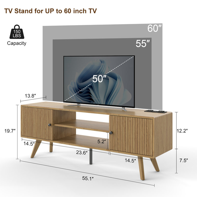 Eartha TV Stand For Tvs Up To 60", Media Console With Storage Cabinet, Charging Station For Living Room, Natural