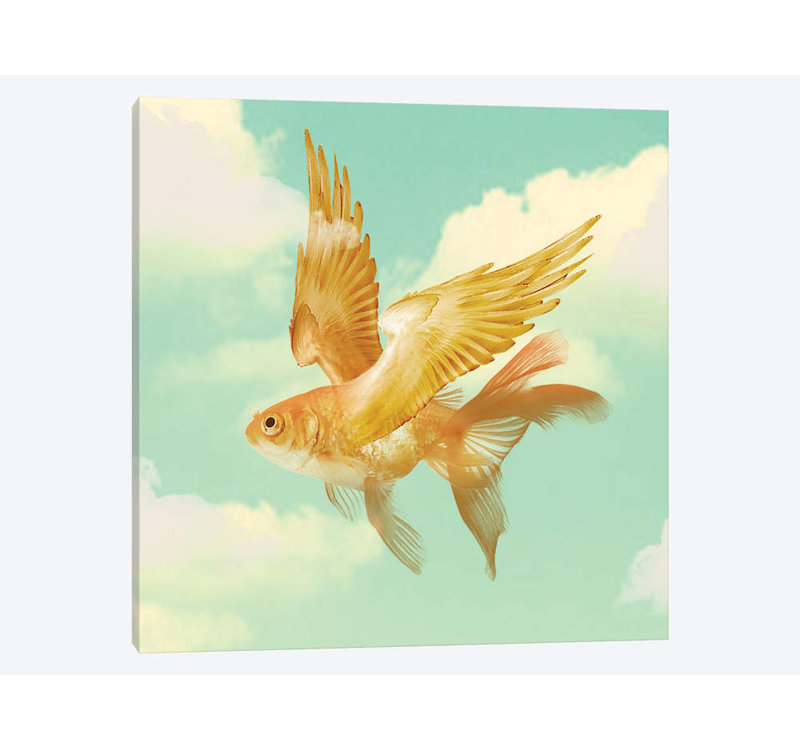 « flying un poisson rouge » par vin zzep, impression sur toile tendue, H 16 po x l 16 po x P 1 po, Papier d'art encadré noir