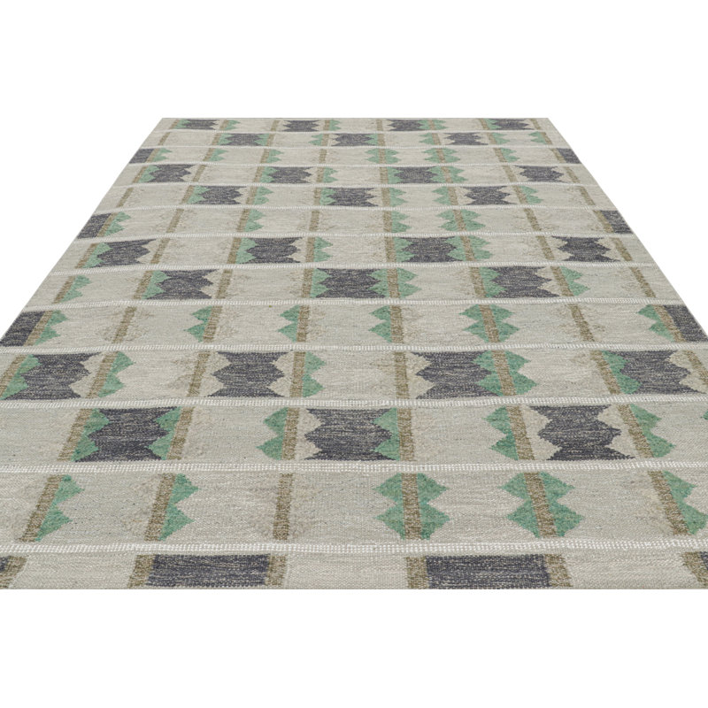 Rug & Kilim’S Scandinavian Rug With Geometric Patterns In Tones Of Green, Rectangle 9' x 12'