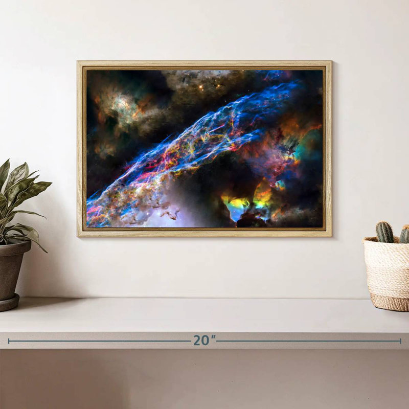 Glowing Veil Nebula, Floating Frame Natural Wood, 13" X 9"