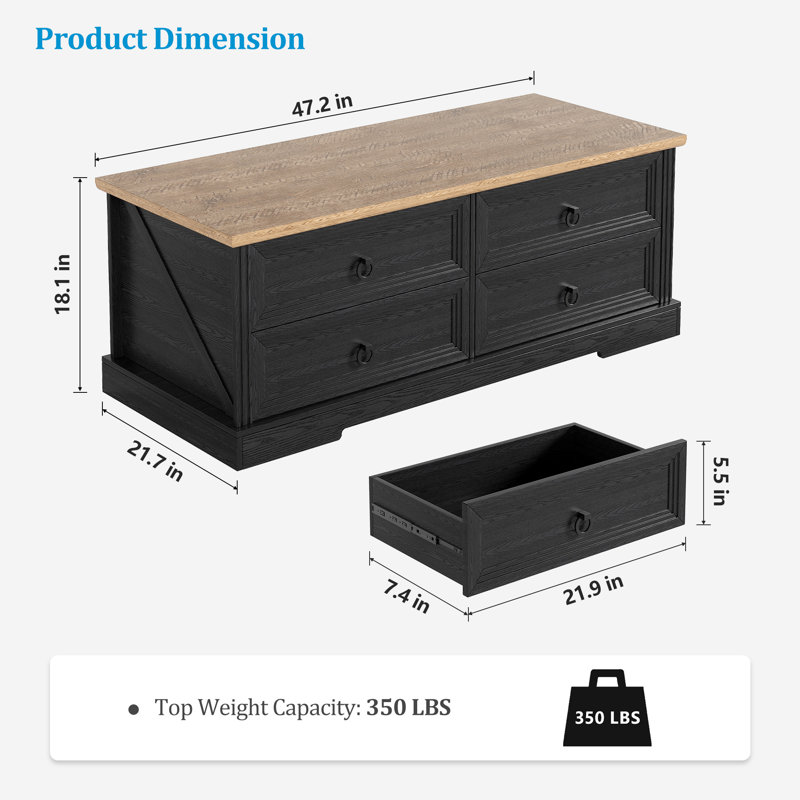 Table basse en bois rustique avec tiroirs, Noir, noir, noir, noir