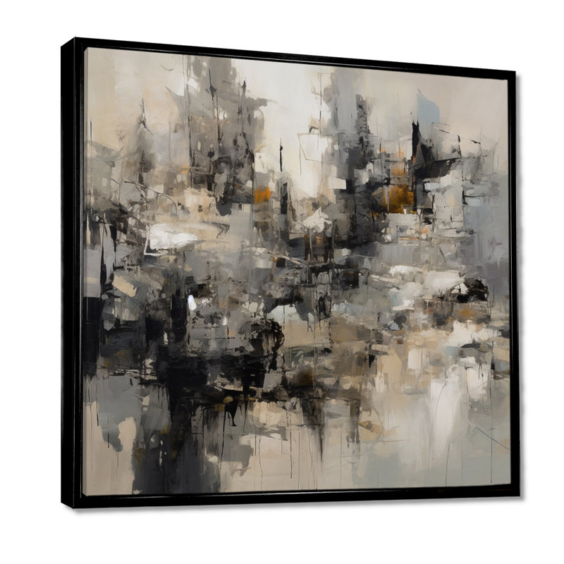 «Grey Black Inner Worlds of Marble I», reproduction d'art sur toile encadrée géométrique abstraite, Cadre flottant noir